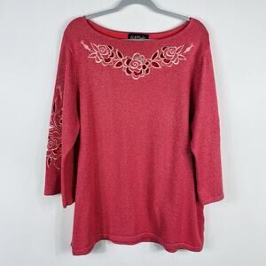 Bob Mackie Size XL Flower Embroidered Cutout Shimmer 3/4 Sleeve Sweater Pink